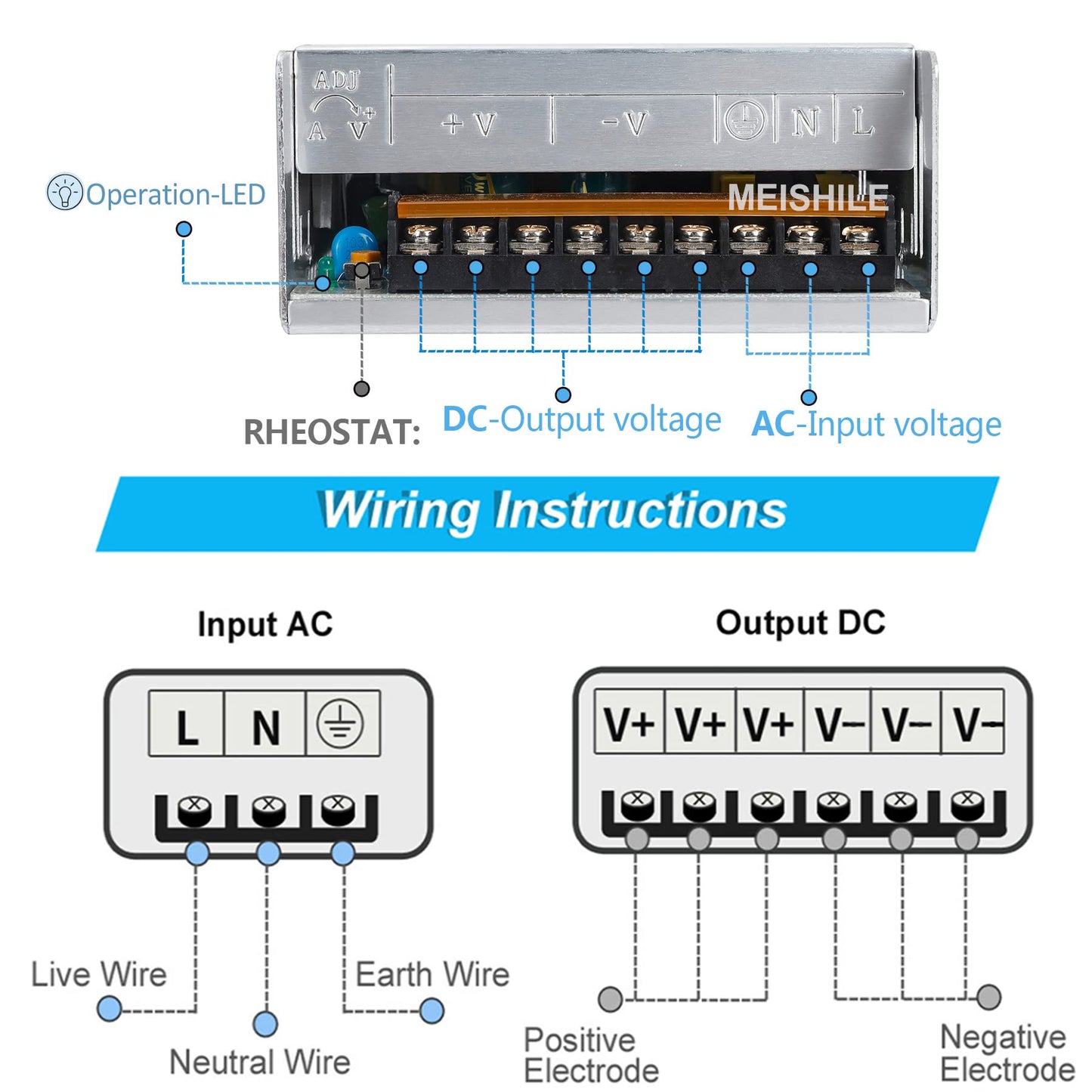 MEISHILE 480W Switching Power Supply AC to DC 12V 24V 36V 48V 60Volt Transformer Voltage Converter SMPS Constant Voltage S-480