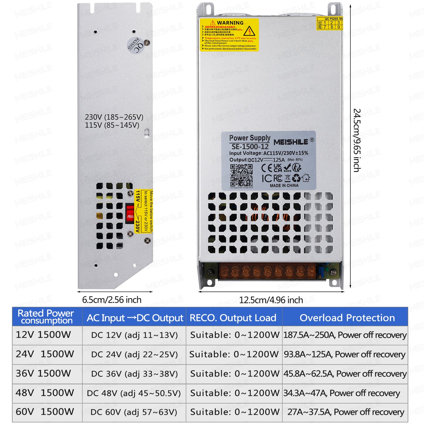 MEISHILE 1500W Switching Power Supply AC to DC 12V 24V 36V 48V 60Volt Transformer Voltage Converter SMPS Constant Voltage SE-1500